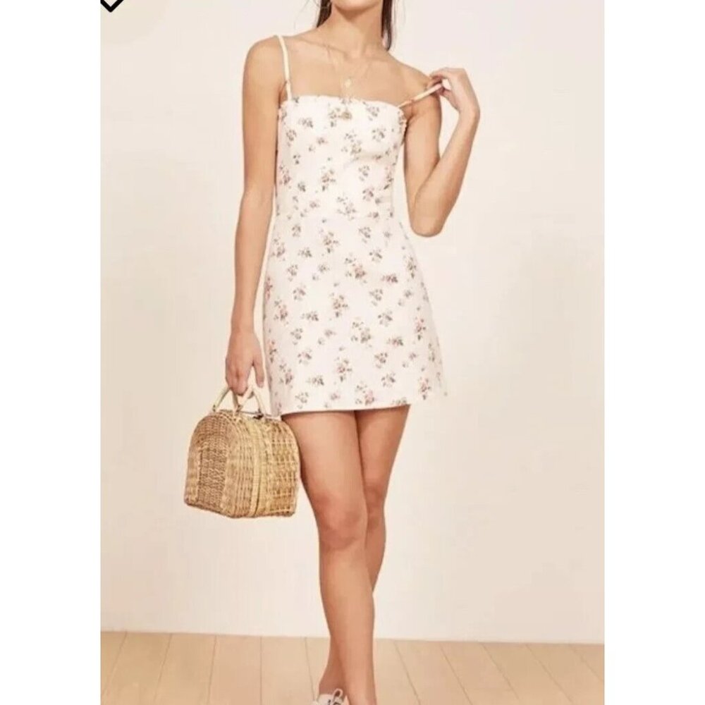 Reformation Ava Linen Mini Dress Size 6 Floral Ruffle Square Neckline